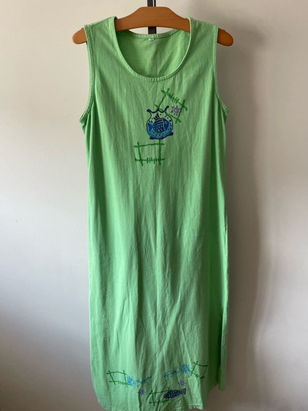 90s Y2K Vintage Art Teacher Lime Green Maxi Tank Dress Quirky Fish Graphic